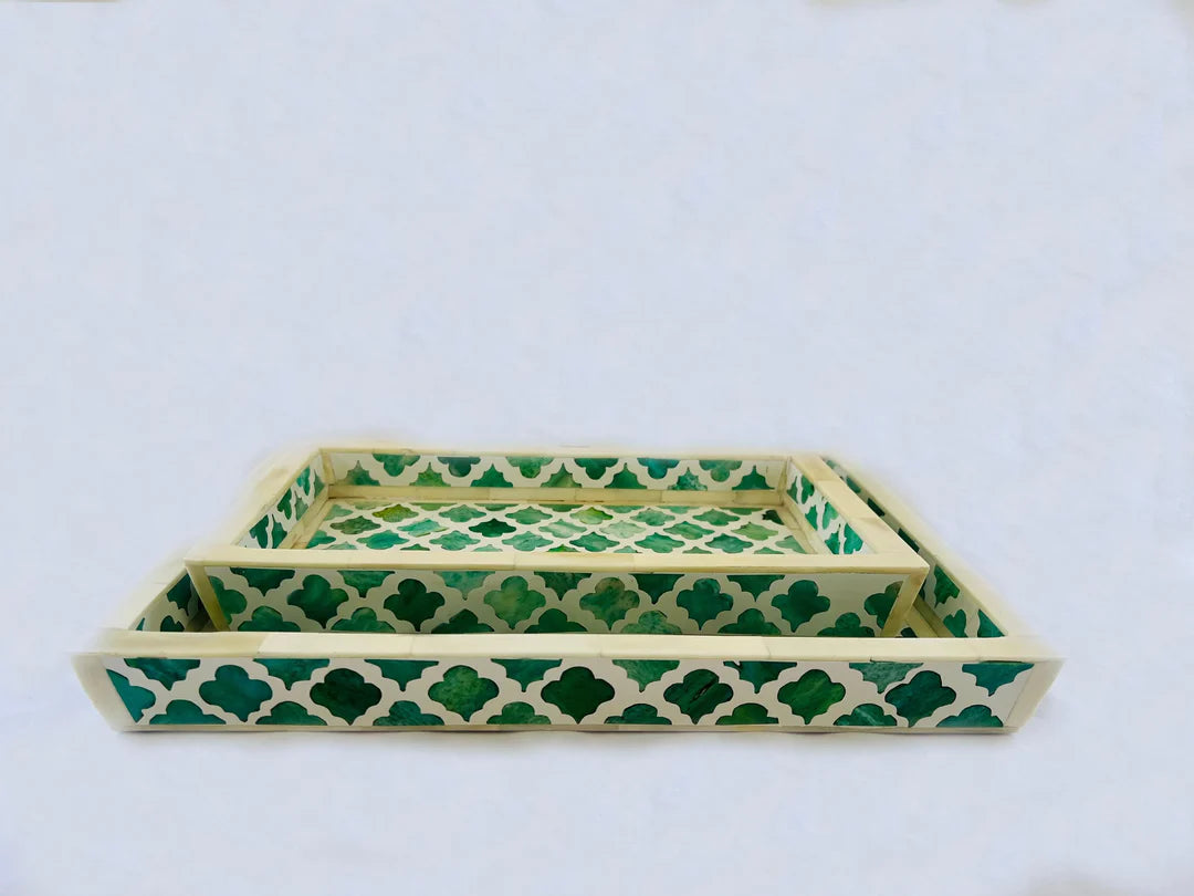 Pigeon and Poodle Prescott Turquoise Tray set of Two In Bone Inlay By Ashborn furniture | Image 2