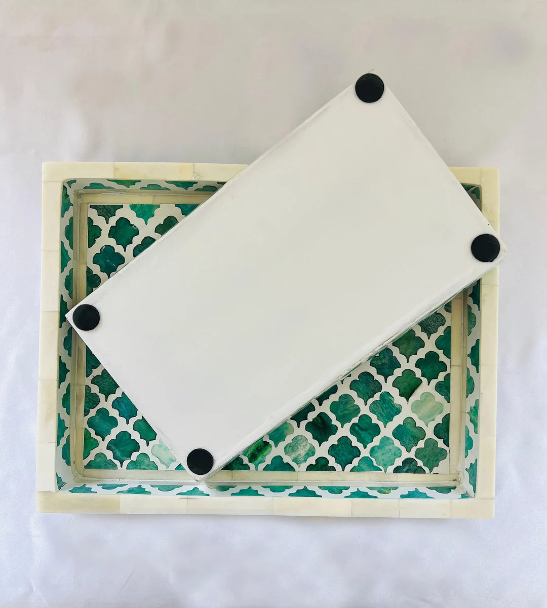 Pigeon and Poodle Prescott Turquoise Tray set of Two In Bone Inlay By Ashborn furniture | Image 3