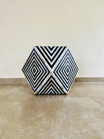black diamond-shaped mother of pearl end table       by Ashborn Furniture