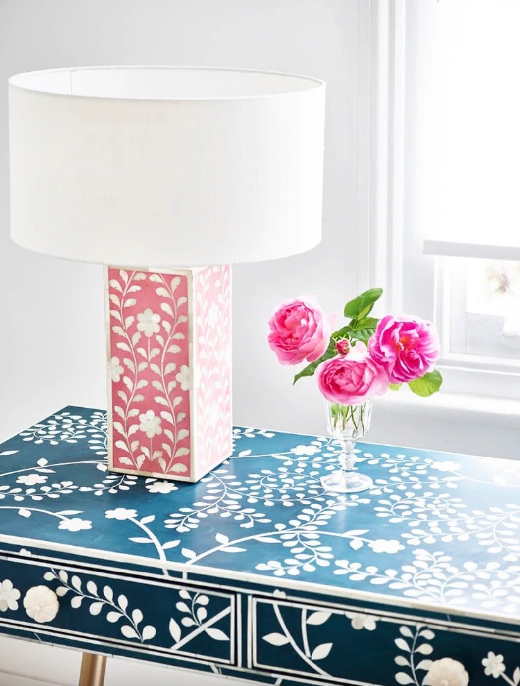 Blue floral bone inlay console table By Ashborn furniture | Image 3