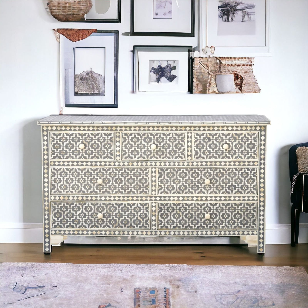 Trellis bone inlay chest of drawer By Ashborn furniture