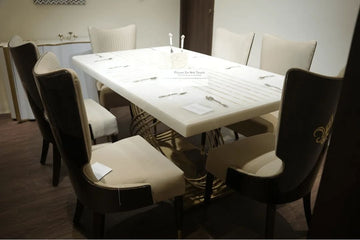 timeless dining table for six in mother of pearl by Ashborn furniture