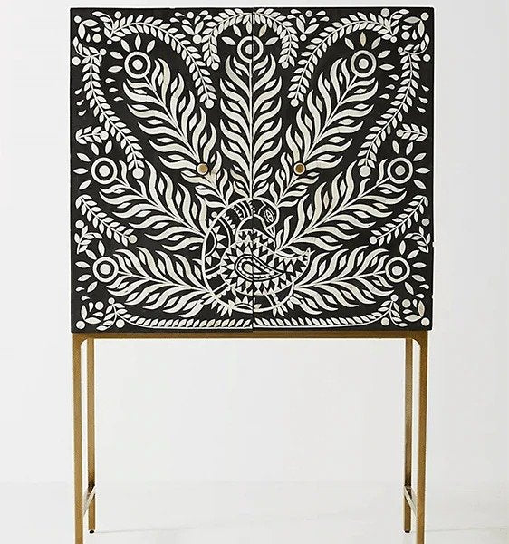 peacock feather pattern bone inlay bar cabinet by Ashborn furniture