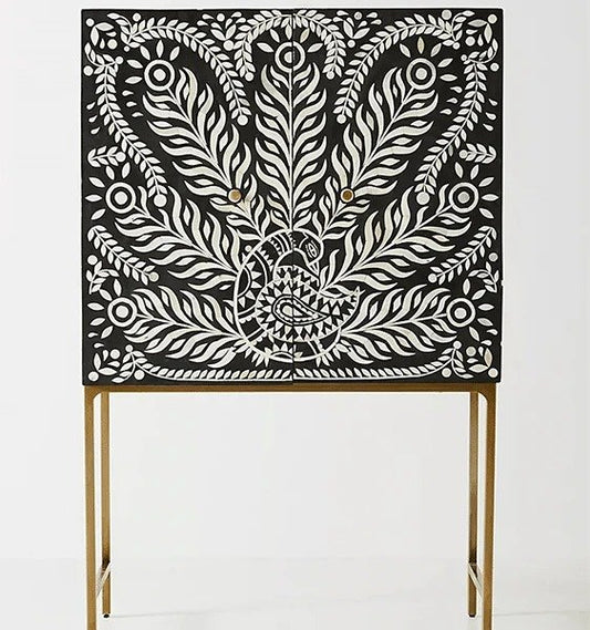 peacock feather pattern bone inlay bar cabinet by Ashborn furniture