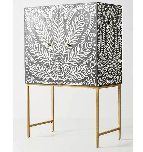 peacock feather pattern bone inlay bar cabinet by Ashborn furniture | Image 2