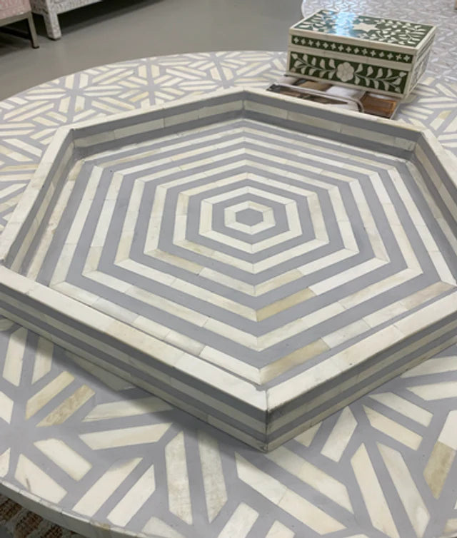 Bone Inlay Hexagon Tray : Grey - Jodha Furniture